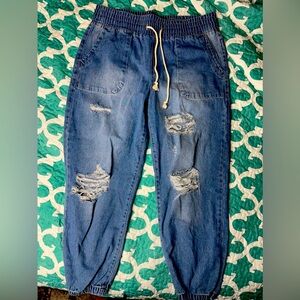 Drawstring jeans ripped knees mom jeans